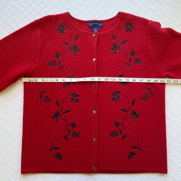 Charter Club 100% Wool Button Up Cardigan Red Sweater Black Vine Embroidery Med - Picture 5 of 6
